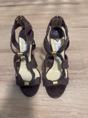 Jimmy Choo Brown Strappy Knot Detail Heels with Gold Accents